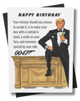 Birthday card with our president in a tux holding a martini glass, sitting on a desk with text and 0047