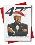 Spy theme card with a 0047 and president wearing a tux and also a Santa hat with text 'Merry Christmas' with red envelope