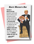 a whimsical image of the president wearing a tuxedo sitting on a gold desk holding flowers for Mothers Day card with funny sleepy joe text