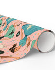 Vintage rock and roll wrapping paper with records and milkshakes and girls in poodle skirts dancing, pink background with pastels flat view