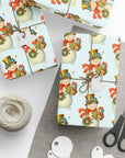 Retro Snowman Christmas Wrapping Paper, Cute Gold Top Hat Snowman with Bluebirds & Gifts