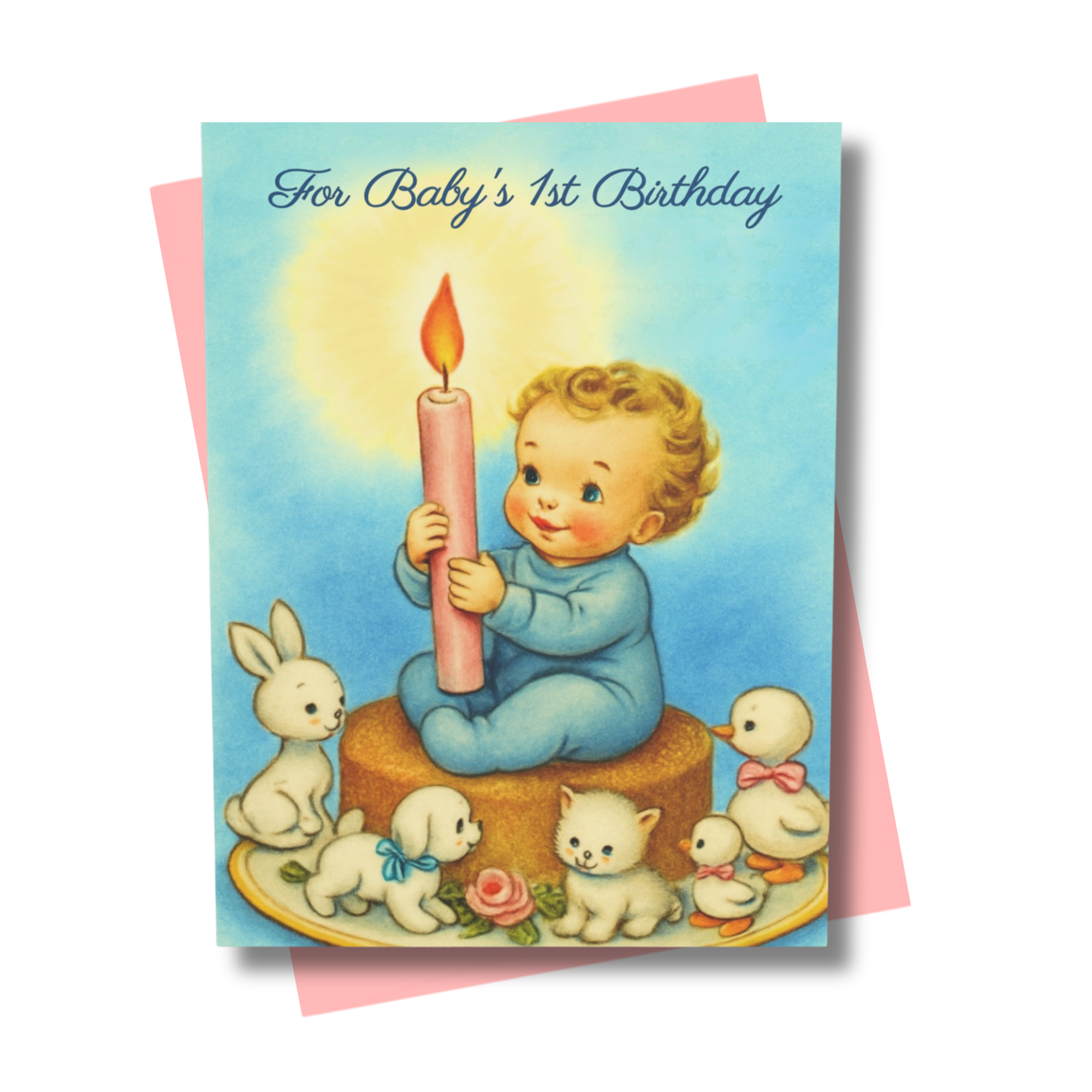 Baby Boy's 1st Birthday Card | Vintage Storybook Candle & Animals Design
