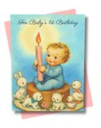 Baby Boy's 1st Birthday Card | Vintage Storybook Candle & Animals Design