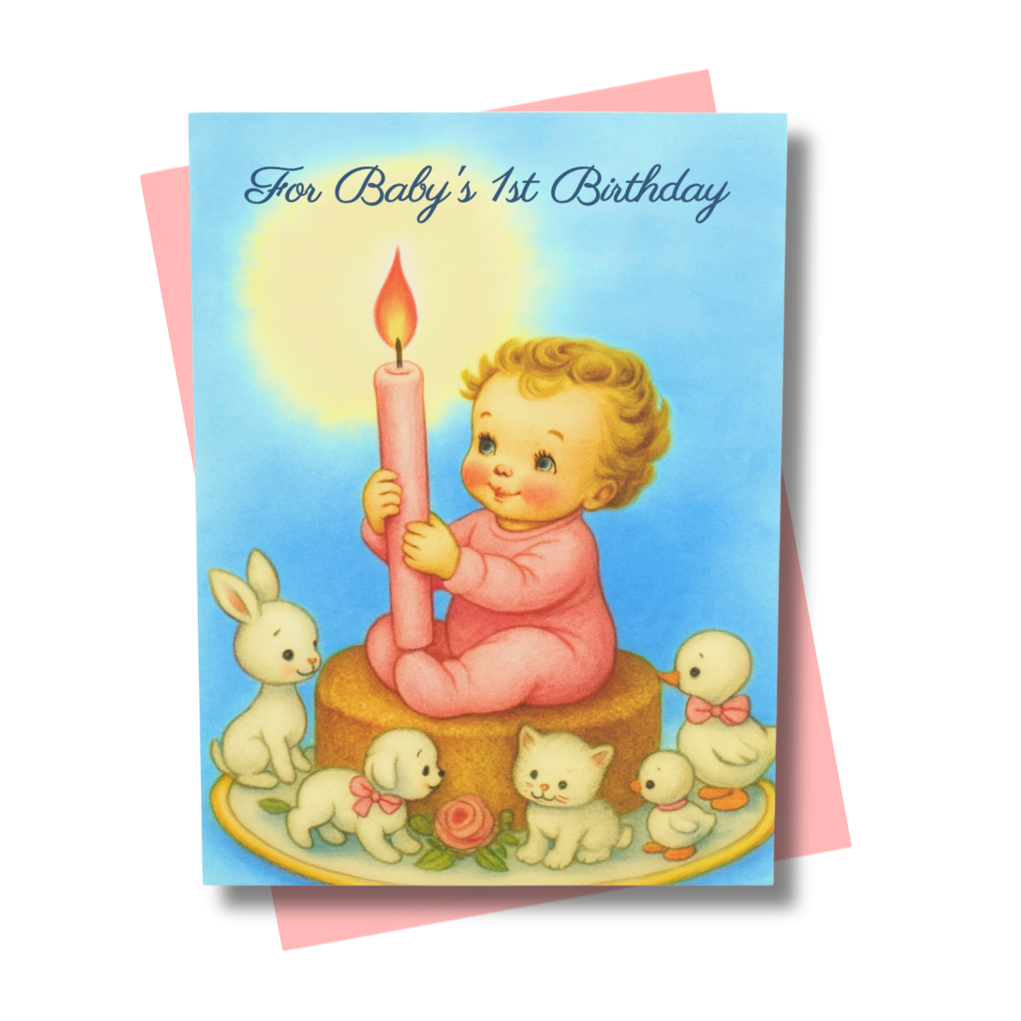 Baby Girl's 1st Birthday Card | Vintage Storybook Candle & Animals Design