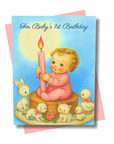 Baby Girl's 1st Birthday Card | Vintage Storybook Candle & Animals Design