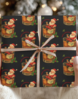 Santa’s Old Fashioned Christmas Wrapping Paper featuring retro Santa in a whiskey glass with holly and “Merry Christmas” text on black background