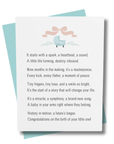 Greeting card with baby illustration and birth congratulations text on a white background