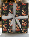 Christmas wrapping paper featuring a flirty 1950s Mrs. Claus dancing on a candy cane while Santa watches from his cocktail glass.