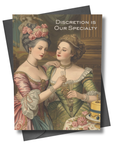 Vintage-style card with two women in ornate dresses and a cake, with text 'Discretion is Our Specialty'.