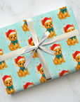 French bulldog christmas wrapping paper with golden dog in red hat and teal bow on aqua background with stars