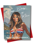 retro brunette first lady in a patriotic bikini posing in a bikini on the gulf of america