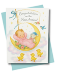Baby shower card with baby on a moon, teddy bear, and ducks on a white background