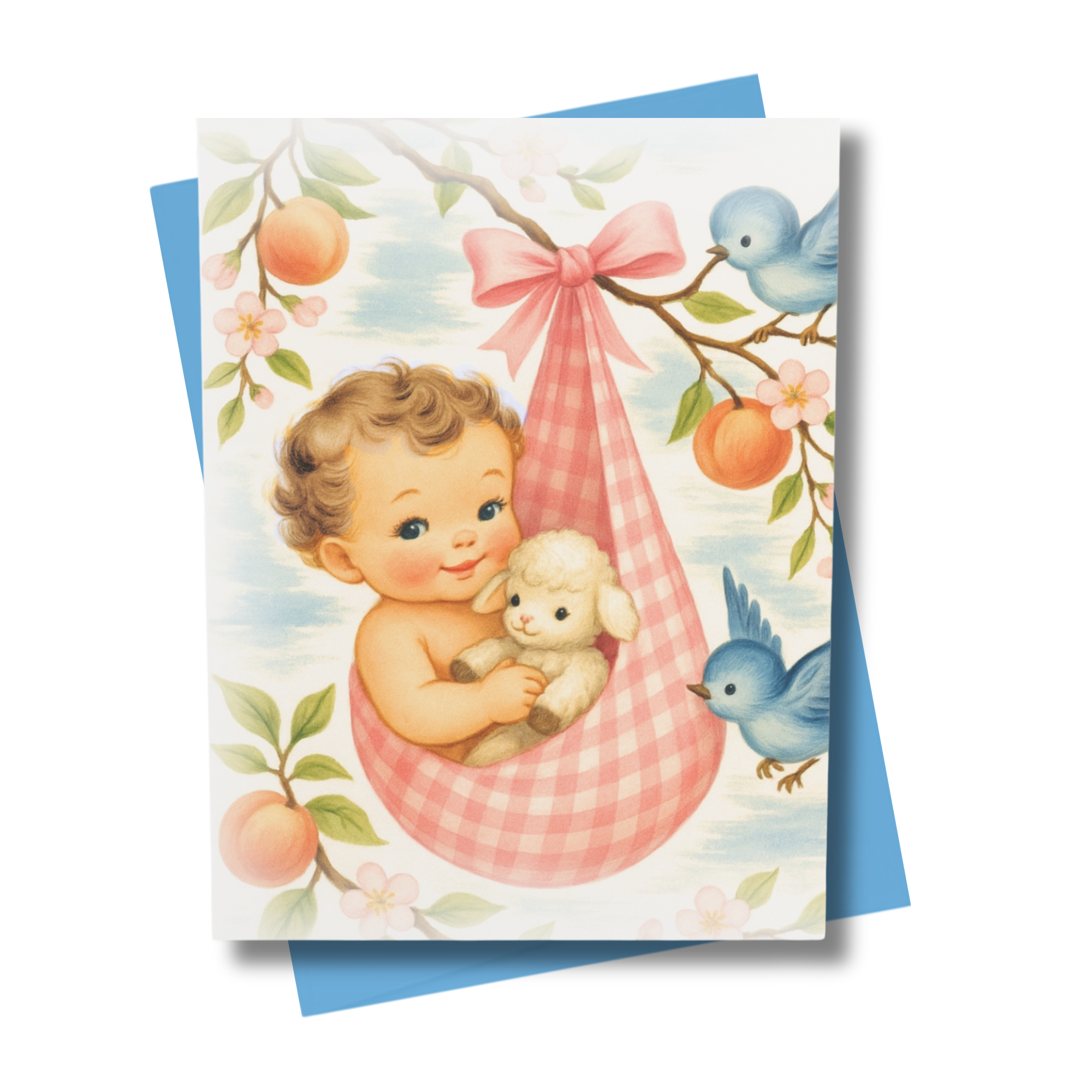 Sweet Brunette Baby Peach Blossom Greeting Card | New Baby Card