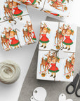 Christmas-themed gift wrap with reindeer and little girl kiss on a white background front view
