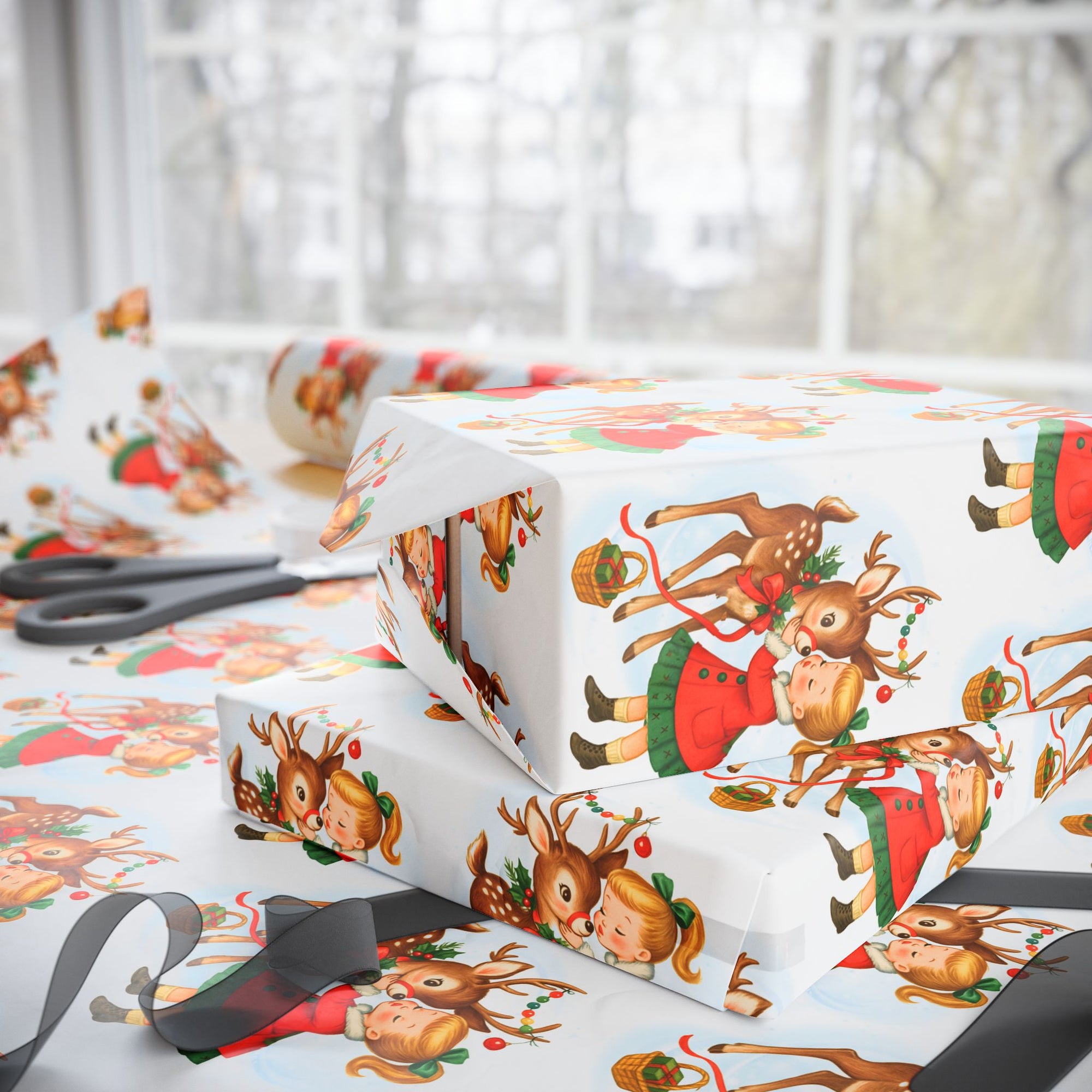 Christmas-themed gift wrap with reindeer and little girl kiss on a white background side view