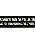 Black rectangular sticker with white text on a white background