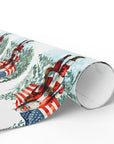 a roll of Christmas-themed gift wrap with Santa Claus and American flags