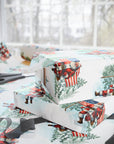 Christmas-themed gift wrap with Santa Claus and American flags on a table side view