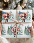 Christmas-themed gift wrap with Santa Claus and American flags under a christmas tree backdrop