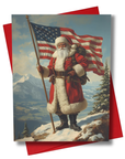 Card with a patriotic Santa Claus holding an American flag against a snowy mountain top.