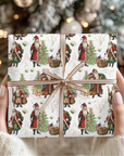 Gift wrapped present with Santa Claus and usa flag design held by hands against a festive background