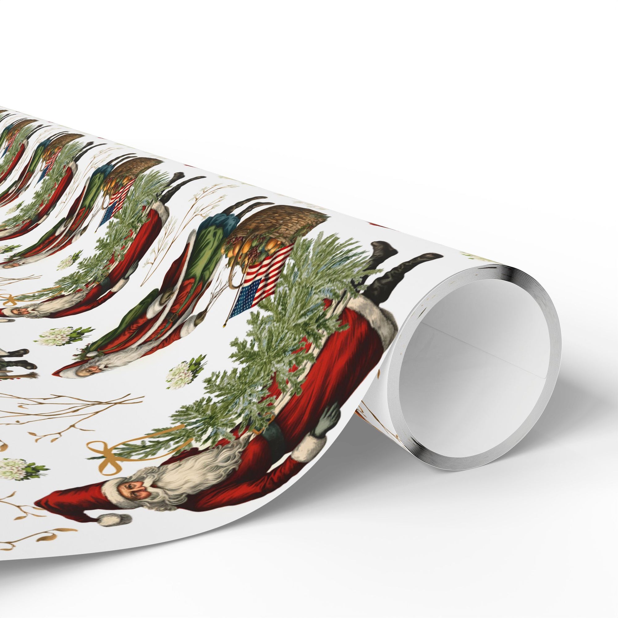 Roll of Christmas-themed decorative paper with with patriotic Santa Claus and usa flag design