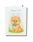 A darling Easter card featuring a Pomeranian Dog with bunny ears resting beside a daffodil and an easter egg.