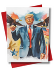 Card with a handsome image of the president of the united states of america holding an eagle, surrounded by American flags and stars