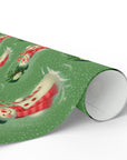 Green Christmas wrapping paper roll with snowmen and candy canes.