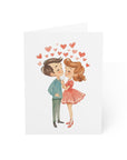 Illustration of a couple sharing a kiss with hearts above them on a white background