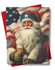 patriotic santa holding a beer with american flag background, vintage christmas card