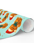 Christmas wrapping paper with cute Santa Pomeranian puppies on aqua background with stars