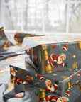 Christmas themed wrapping paper featuring Santa and rudolph riding a rocket through space ready to deliver presents.