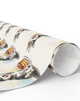 Roll of wrapping paper with a design of husky dogs on a white background.