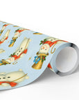 Roll of wrapping paper with snowman design on a light blue background