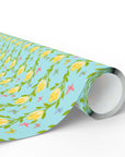Spring wrapping paper with baby chicks nestled inside yellow flowers and butterflies on aqua background.