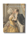 Vintage-style card featuring a couple kissing, text 'Too Lovely to Resist' above them.
