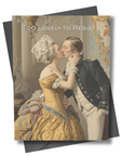 Greeting card with a vintage-style illustration of a couple kissing, with text 'Too Lovely to Resist' above them.
