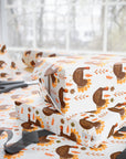 Vintage Thanksgiving Turkey Wrapping Paper featuring hand-painted turkeys and autumn leaves in warm fall colors.