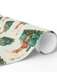 Roll of wrapping paper featuring a vintage bunny and train design on a light background.
