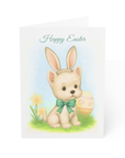 A darling Easter card featuring a Westie with bunny ears resting beside a daffodil and an easter egg.