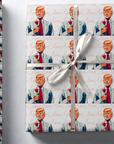 Gift wrapped in paper with a pattern of our president in a suit and tie and a rose