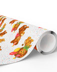 birthday wrapping paper roll in a retro theme featuring a bear and lion with balloons on a white background