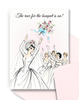 Bridal Shower Card featuring a bouquet toss with the bride throwing bouquet to bridesmaids on a light background with a coordinating pink envelope.