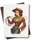Guns, Glam, and Grit – Retro Brunette Cowgirl Greeting Card