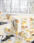 bunny lamb and duckling baby wrapping paper, 1950s style storybook illustration in pastels.