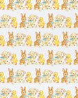 Bunny lamb and duckling baby wrapping paper, 1950s style storybook illustration in pastels.