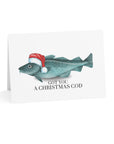 Card with a fish wearing a Santa hat and text 'Got you a Christmas Cod' on a white background