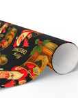 Santa’s Old Fashioned Christmas Wrapping Paper roll featuring retro Santa in a whiskey glass with holly and “Merry Christmas” text on black background