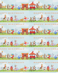 Birthday wrapping paper with circus animals like elephants, tigers, and monkeys, sharks, lions, dinosaurs and giraffes.